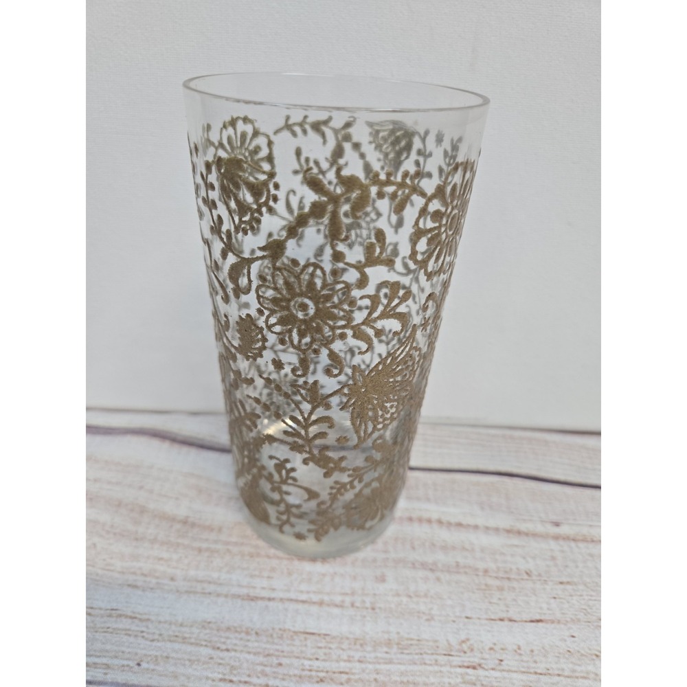 Mid Century Raised Painted Gold Floral 8 Glass Water Bar Cups Vintage